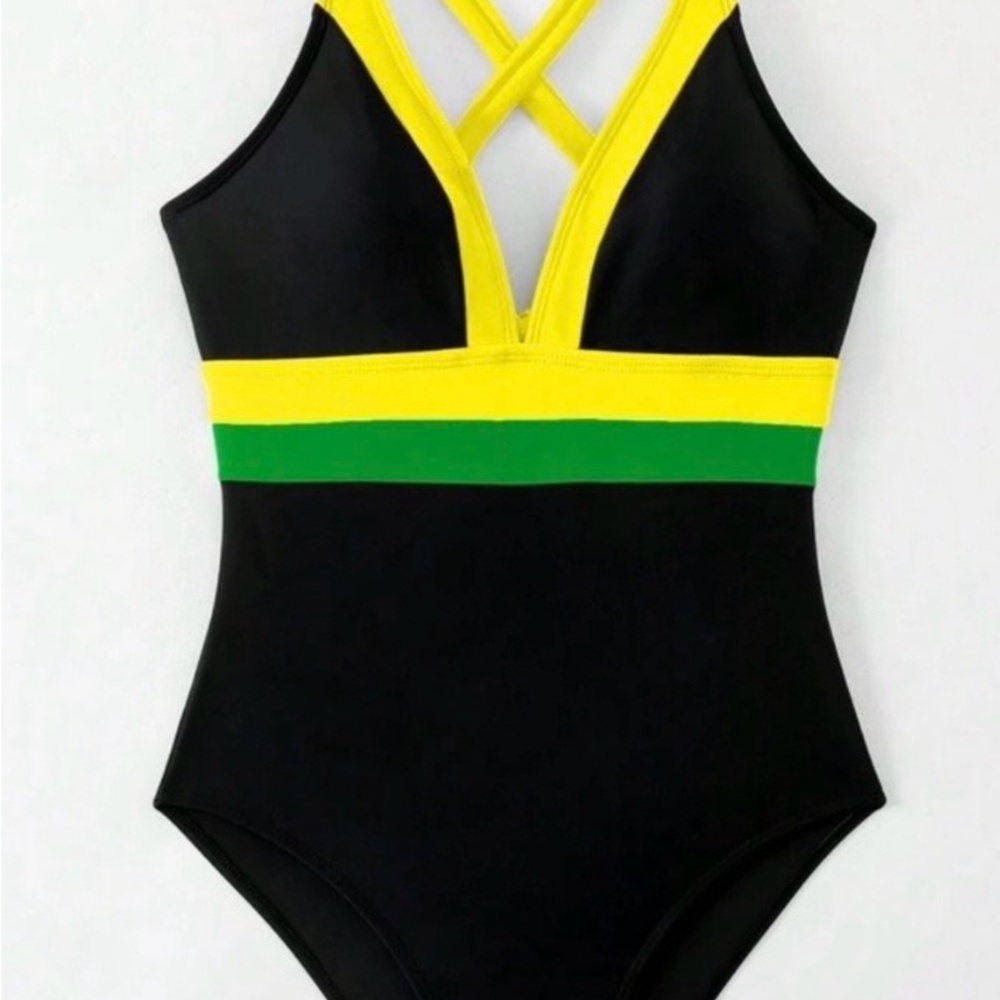 Women's Black and Yellow One Piece Swimsuit